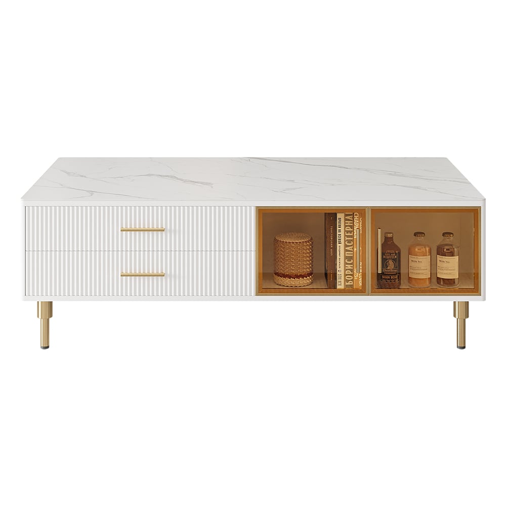 Cofab Modern White Coffee Table with 2 Glass Door Storage & 4 Drawers Gold Metal Legs window image