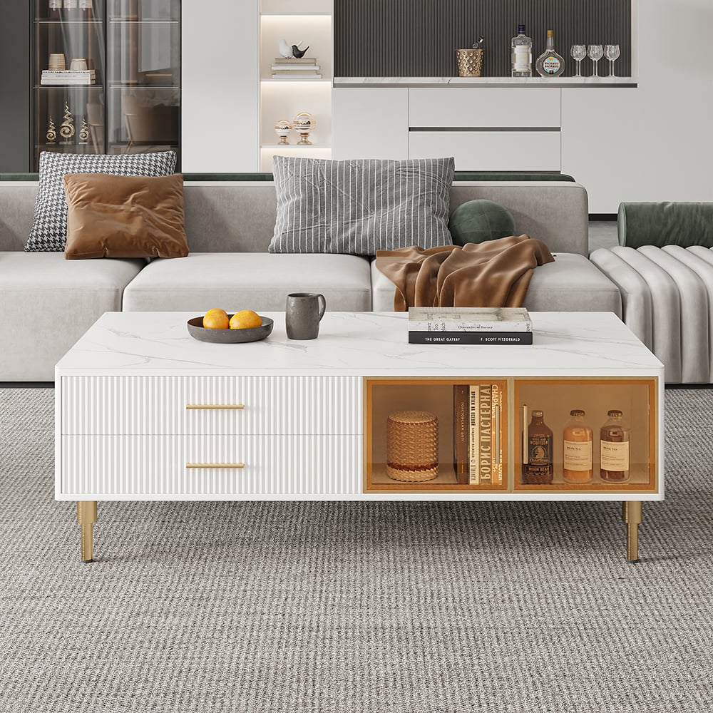 Customer Reviews for Cofab Modern White Coffee Table with 2 Glass Door Storage & 4 Drawers Gold Metal Legs