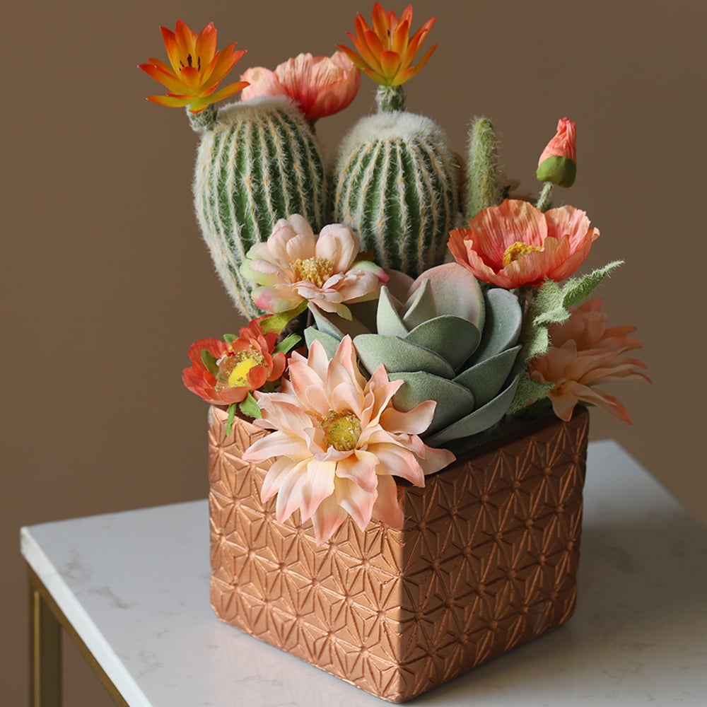 Artificial Flower Arrangement Cactus Concrete Pot Faux Plant For Home 
