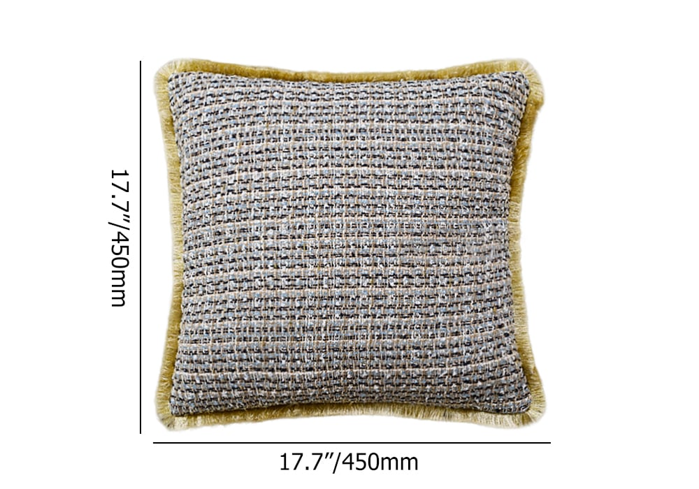 Housse de coussin en soie tissée moderne à pompons dorés de 18 po x 18 po Poids, dimensions, image