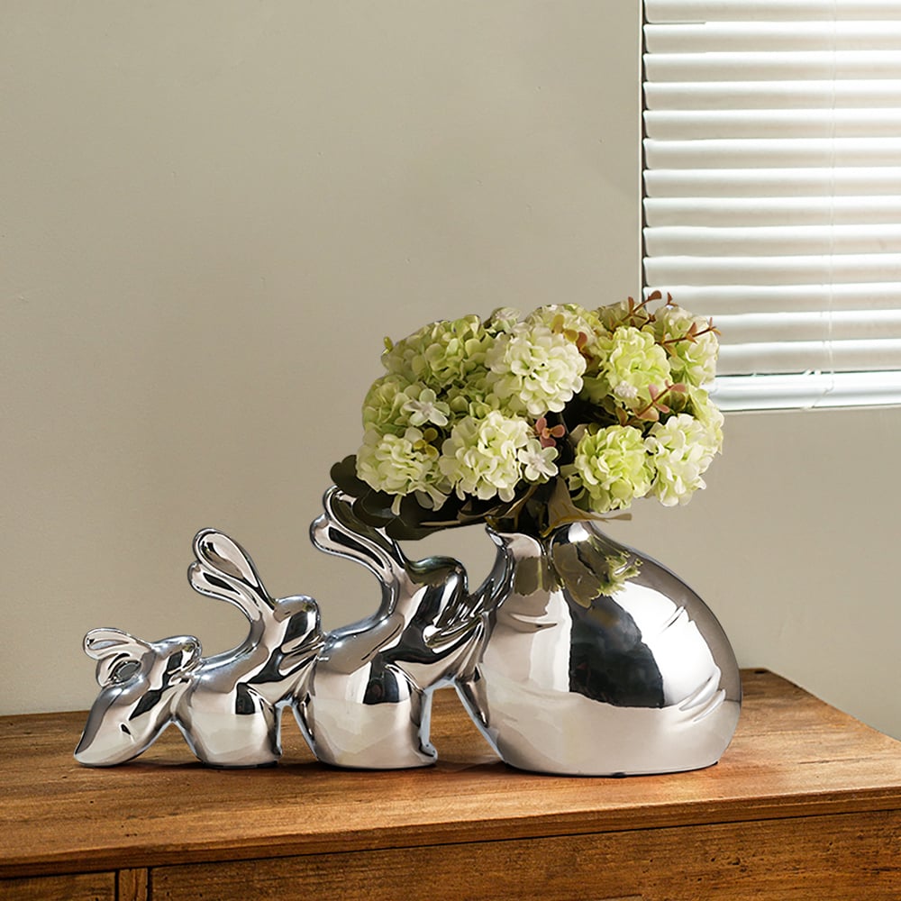 Silver Modern Artificial Hydrangea Ornaments Creative Rabbit Vase Artificial Flower Set window image