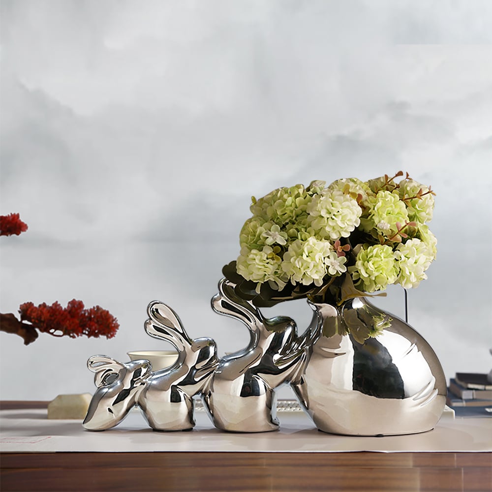 Silver Modern Artificial Hydrangea Ornaments Creative Rabbit Vase Artificial Flower Set window image