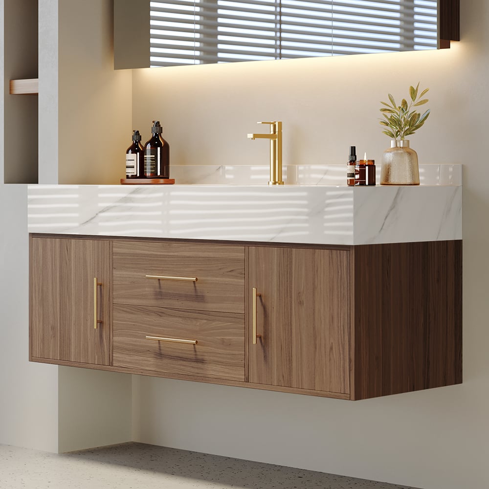 1000mm Walnut Floating Bathroom Vanity & Gold Elegant Waterfall Bathroom Sink Faucet Set window image