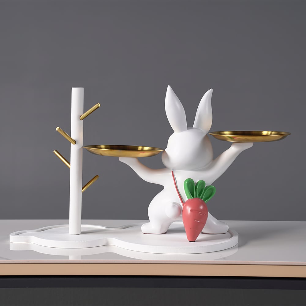 Cute Golden Rabbit Double Tray Desk Top Storage Resin Key Holder Home Decoration  window image