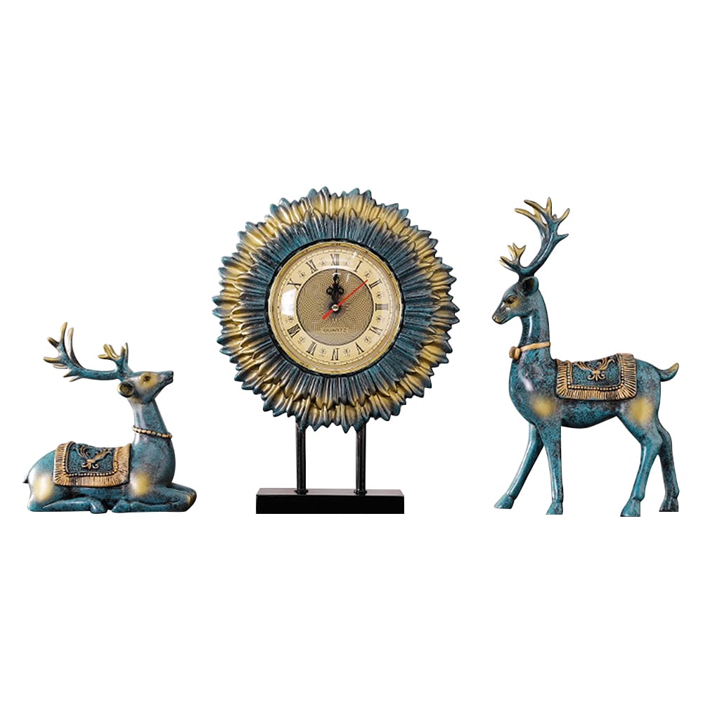 3PCS Arrangement European Resin Table Clocks Retro Lucky Elk Desktop Decoration