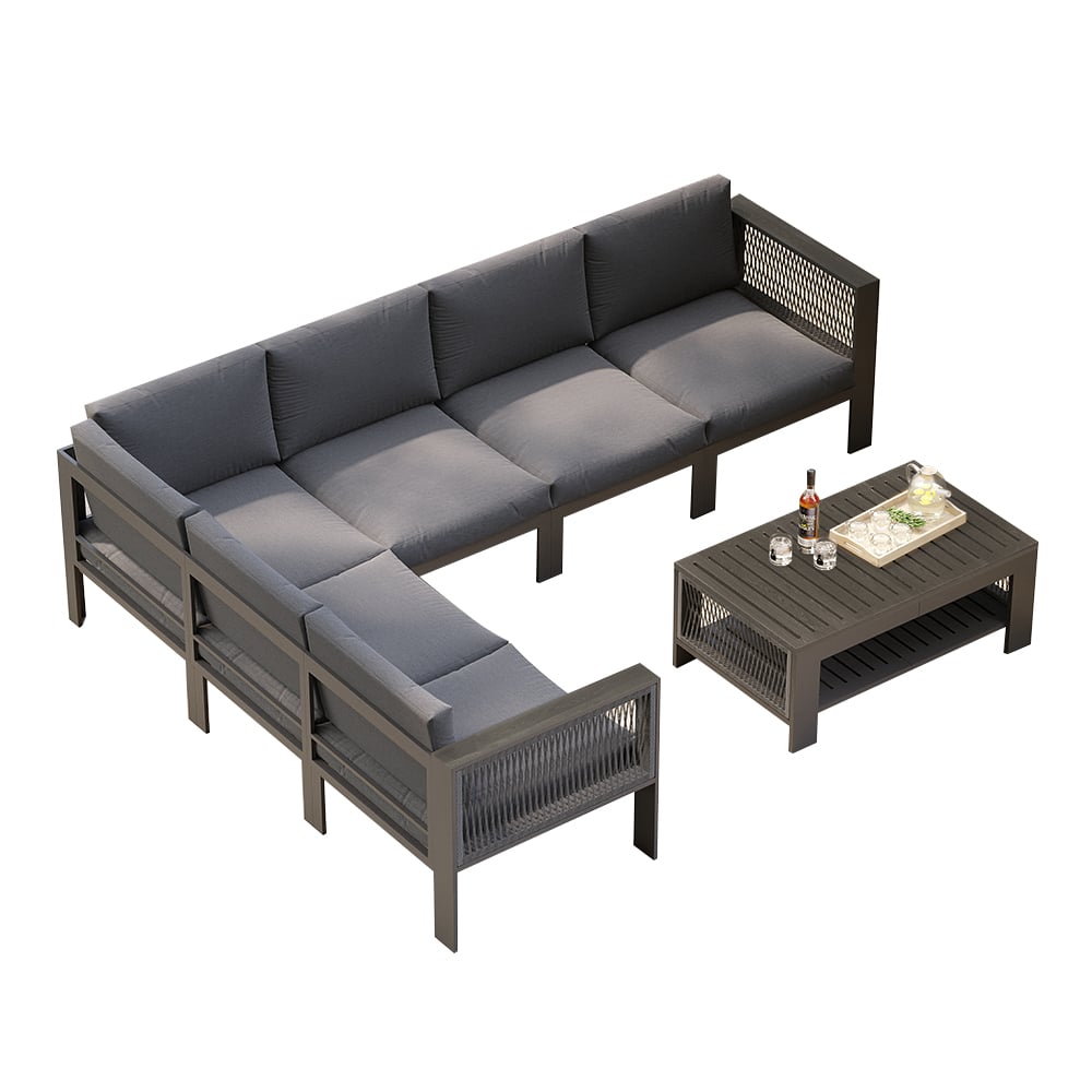 6 seater with fireplace garden furniture set made of stainless aluminum in gray window image