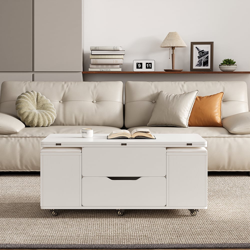 Tavolino Da Caffè Ellittico 100x50 Cm Bianco – Con Doppio Ripiano E Gambe In Legno – Per Soggiorno, Salotto, Ufficio