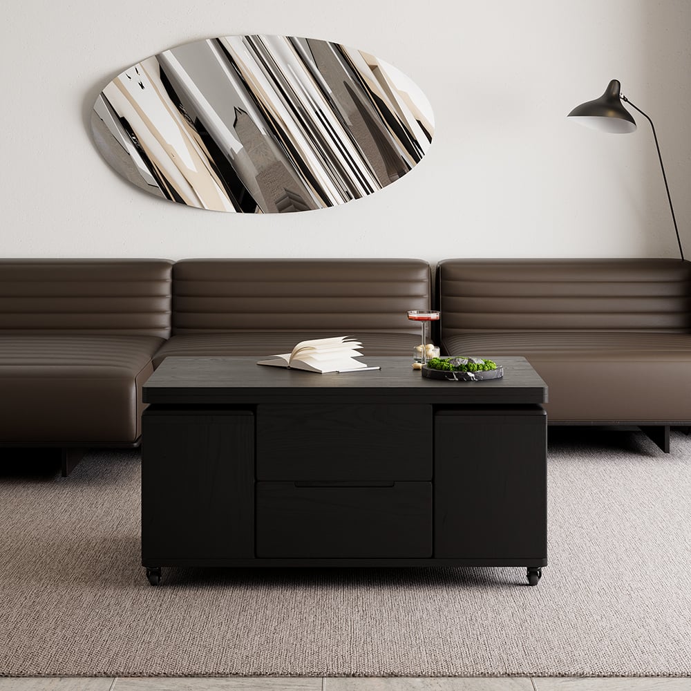 Modern multifunctional black coffee table with lift top, 4 stools and wheels window image