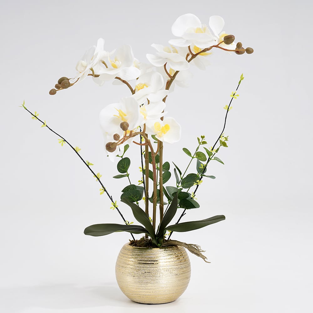 Crystals 60cm White Artificial Orchid Plant In Gold Pot - Real Touch Petals