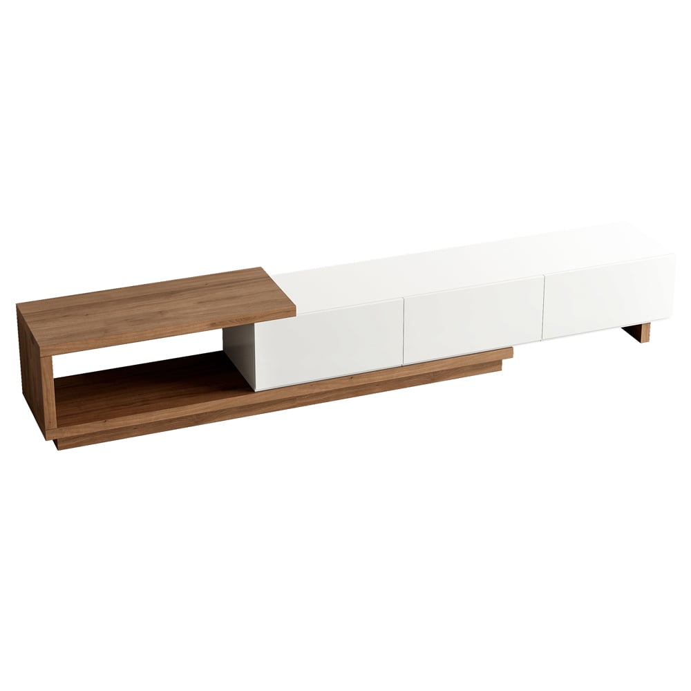 Mueble TV Quoint extensible con 3 cajones de 179 cm a 255 cm en color blanco y nogal