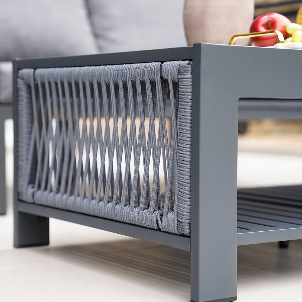 6 seater with fireplace garden furniture set made of stainless aluminum in gray window image