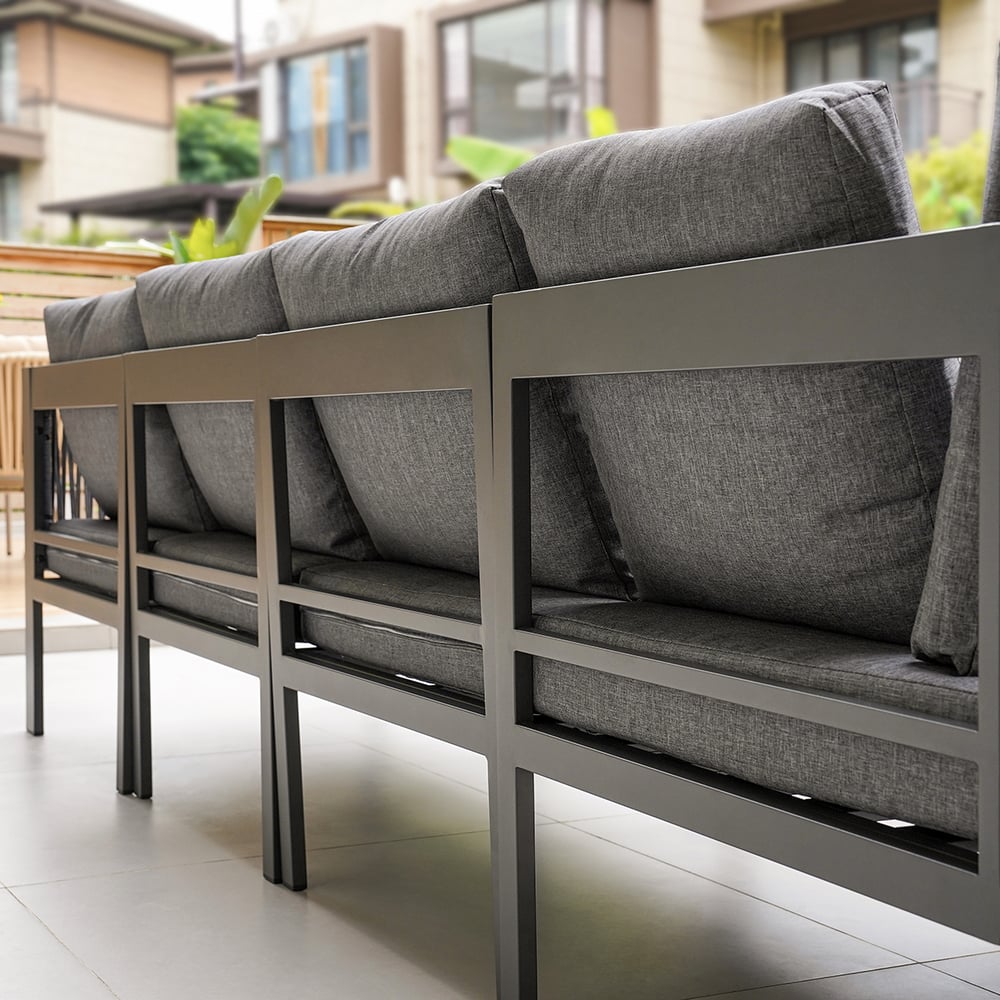 6 seater with fireplace garden furniture set made of stainless aluminum in gray window image