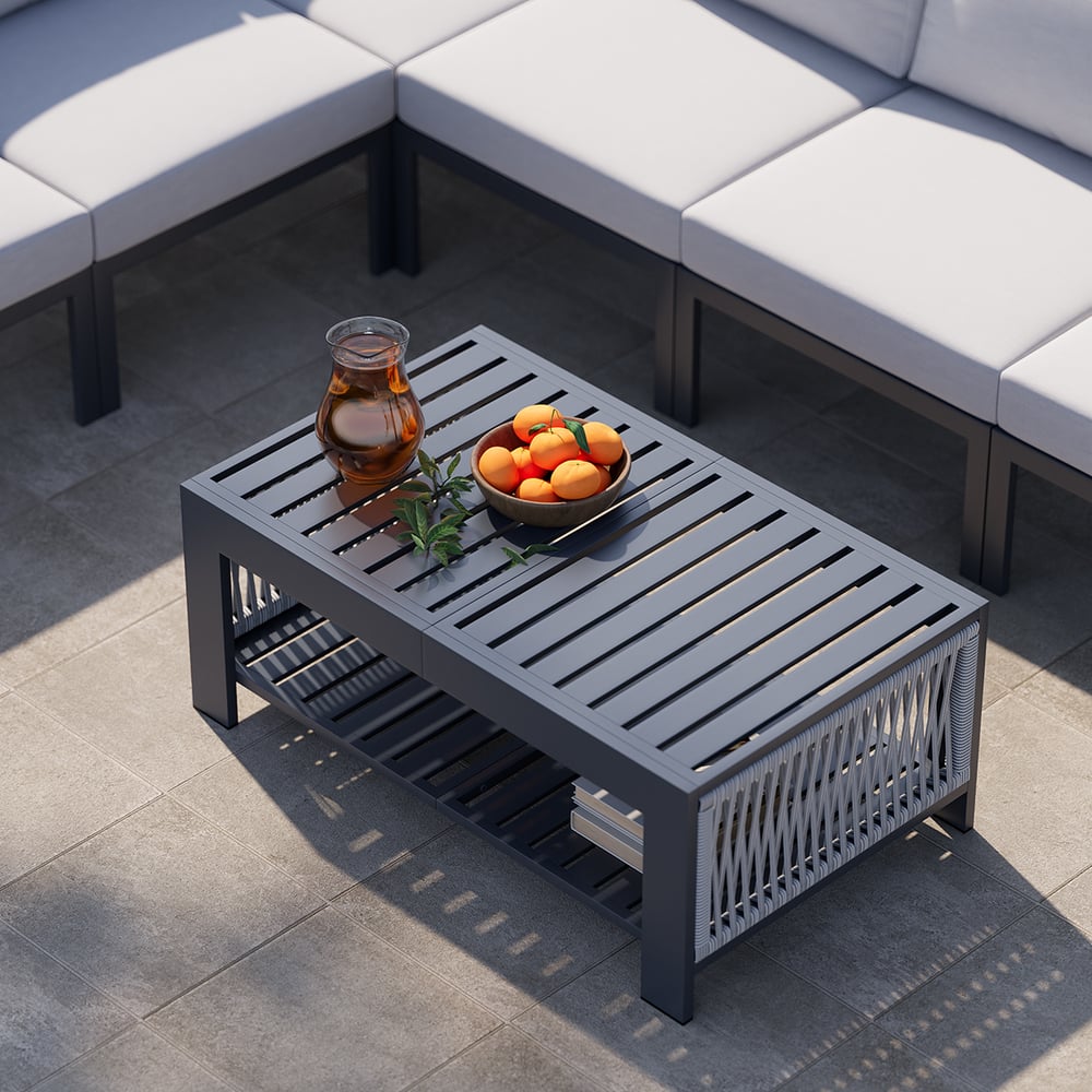 6-seater with fireplace garden furniture set made of rust-proof aluminum in light gray window image