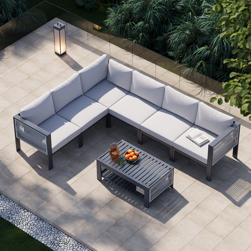 6-seater with fireplace garden furniture set made of rust-proof aluminum in light gray window image