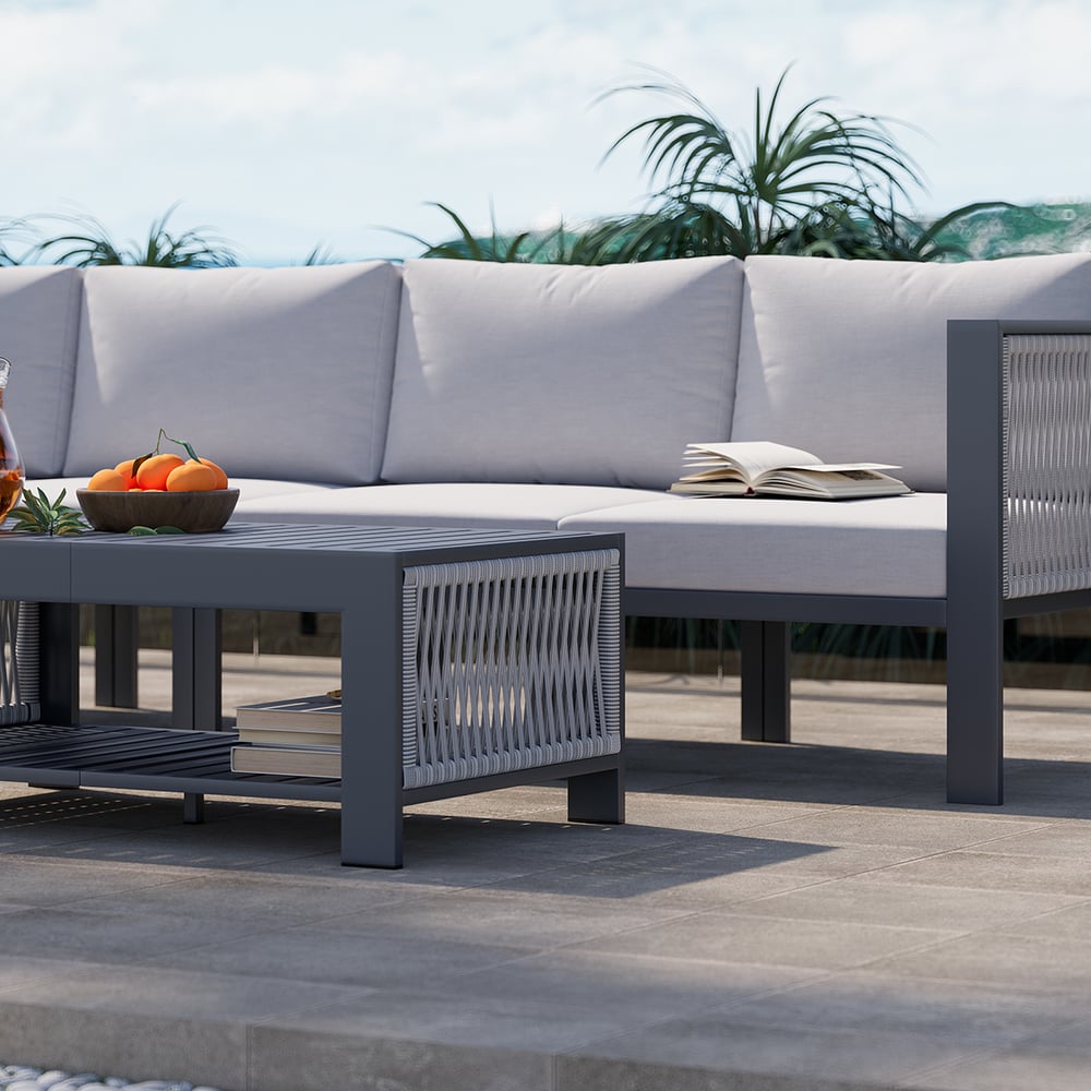 6-seater with fireplace garden furniture set made of rust-proof aluminum in light gray window image