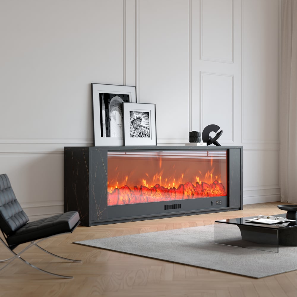 Meuble TV avec cheminée électrique 220 cm en pierre frittée avec télécommande image de fenêtre
