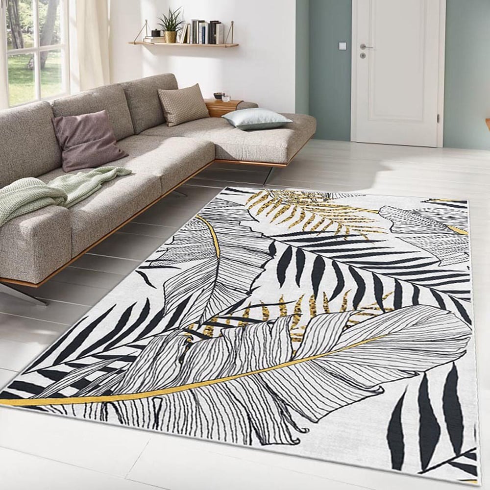 Tapis Chambre Luxe Noir Et Feuille D'or - Motif Feuille Bananier Tropical - 140x200 Cm - Lavable Antidérapant