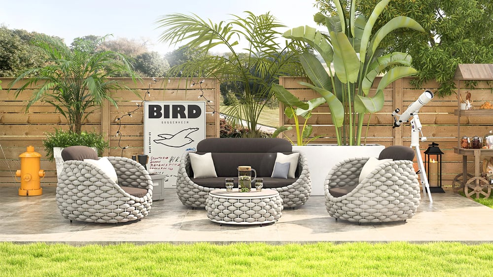 Ensemble de 4 canapés pivotants d'extérieur Tatta en corde tissée, rotatifs à 360 degrés avec table basse image de fenêtre