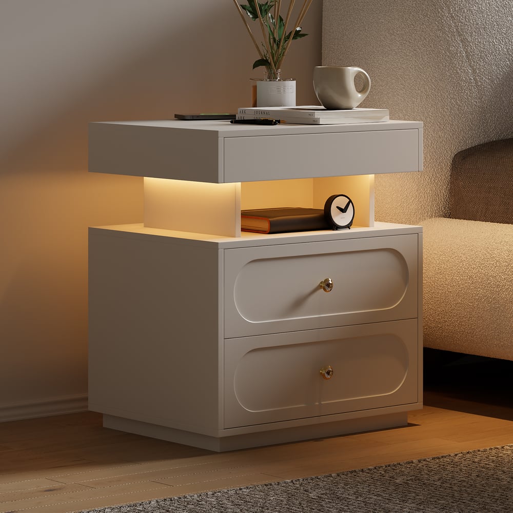 Comodino Con Luci LED RGB E Porte USB - Set Di 2 - Cassetti Con Finitura Lucida E Stazione Di Ricarica - Telecomando Incluso - 45x40x52 Cm - Bianco