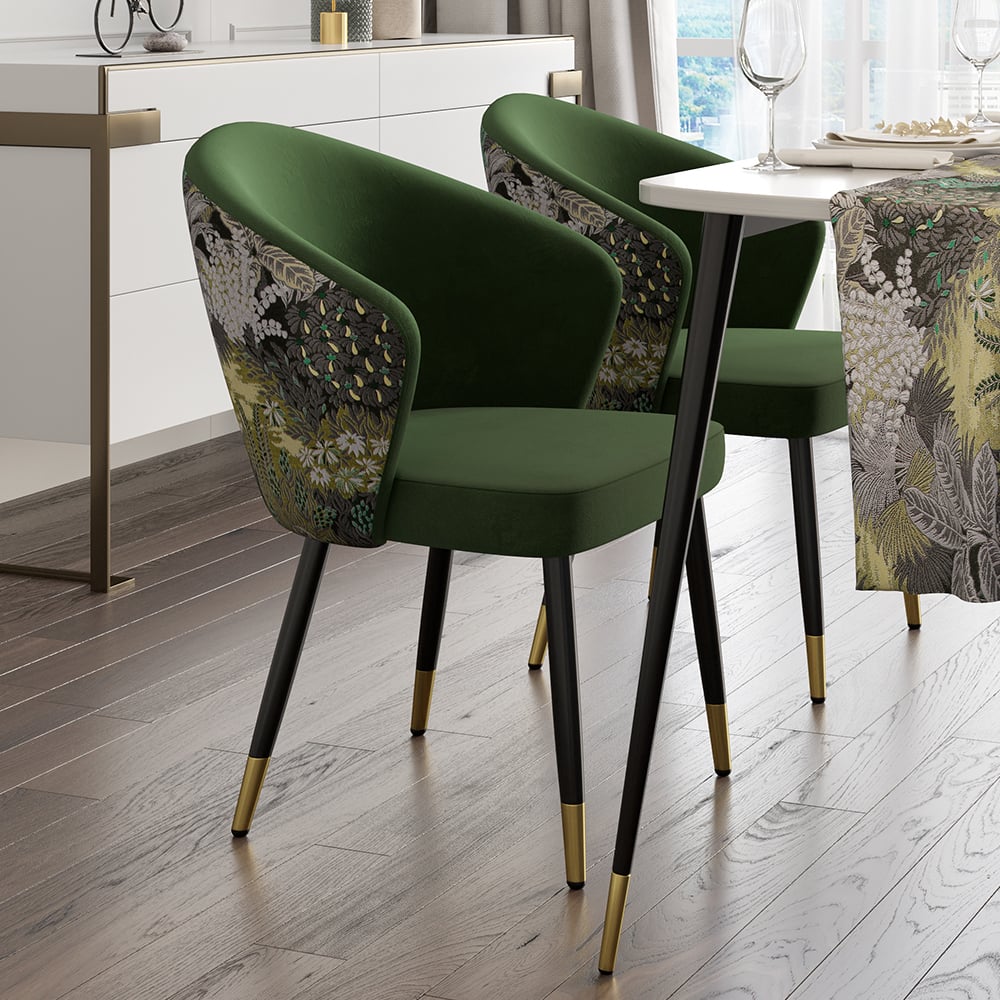 Japandi 1000mm Round Small Dining Table & 2 Green Upholstered Velvet Dining Chairs Set window image