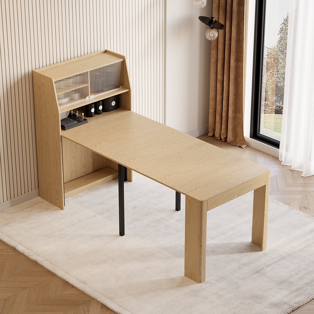 Modern Extendable Dining Table & 4 Natural Folding Dining Chairs Solid Wood Rattan window image