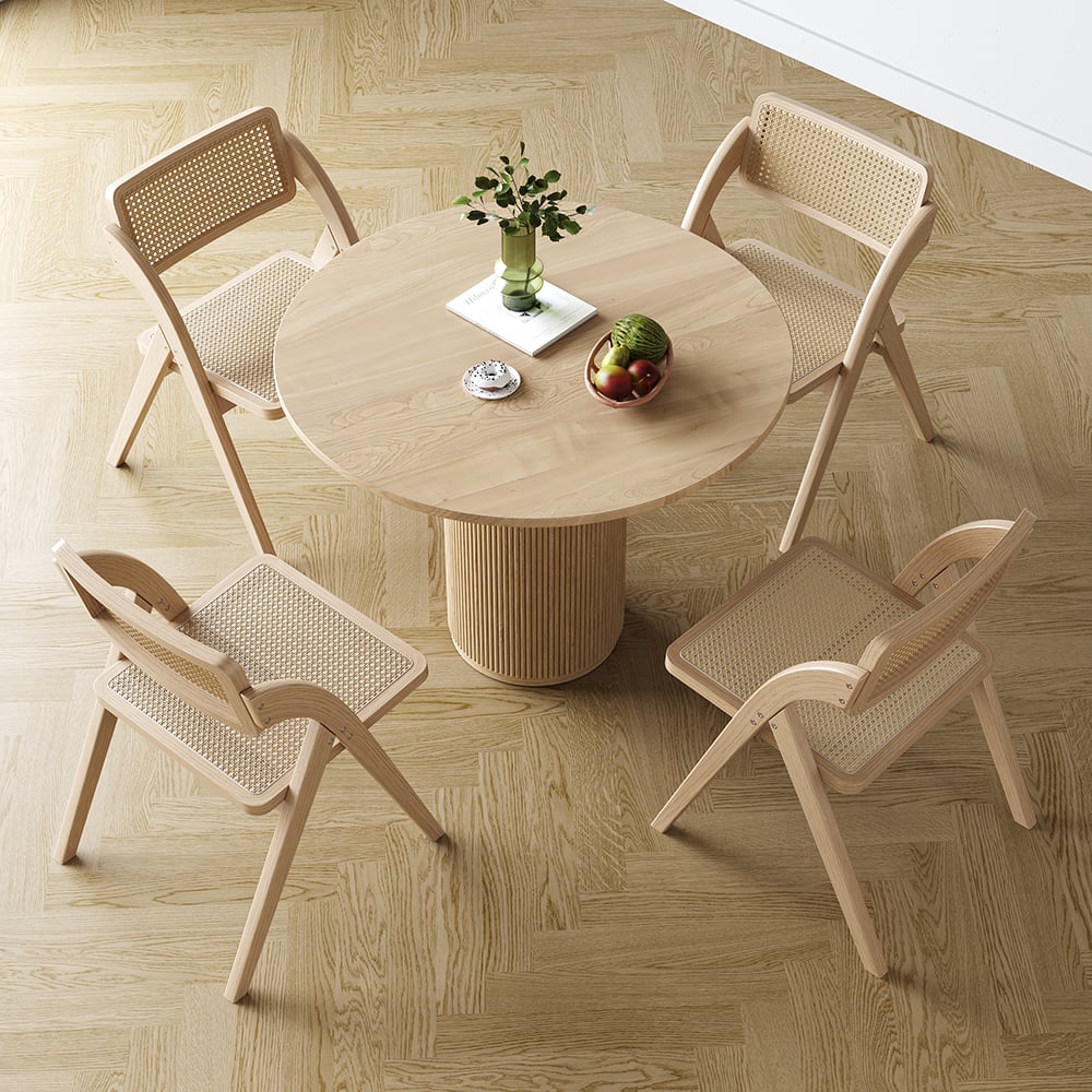 Modern Extendable Dining Table & 4 Natural Folding Dining Chairs Solid Wood Rattan window image