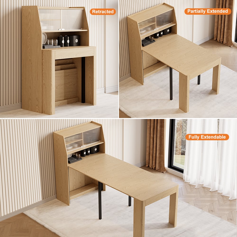 Modern Extendable Dining Table & 4 Natural Folding Dining Chairs Solid Wood Rattan window image