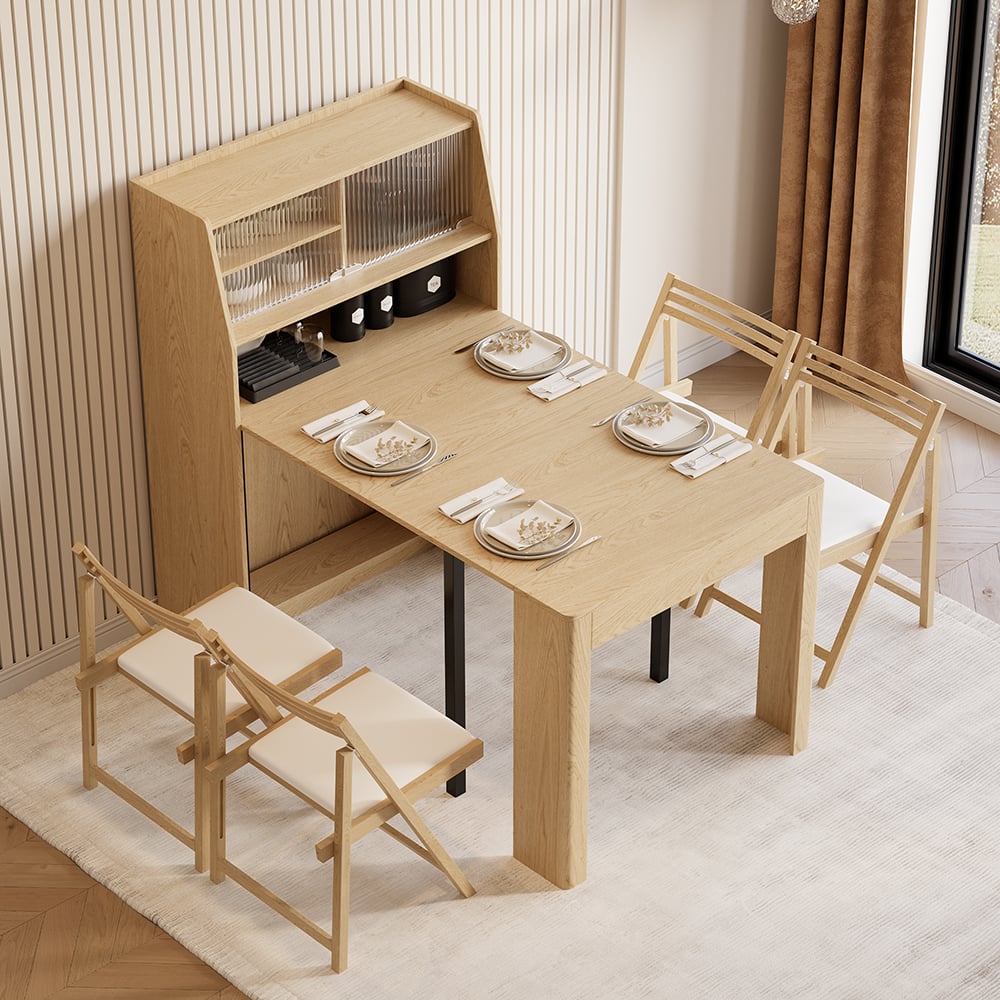 Modern Extendable Dining Table & 4 Natural Folding Dining Chairs Solid Wood Rattan window image