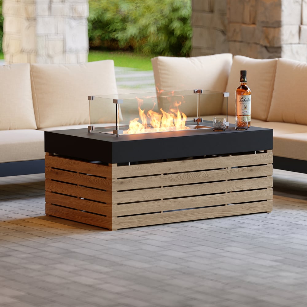 Farmhouse Curved Modular Outdoor Patio Sectional Sofa & Propane Gas Fire Pit Table