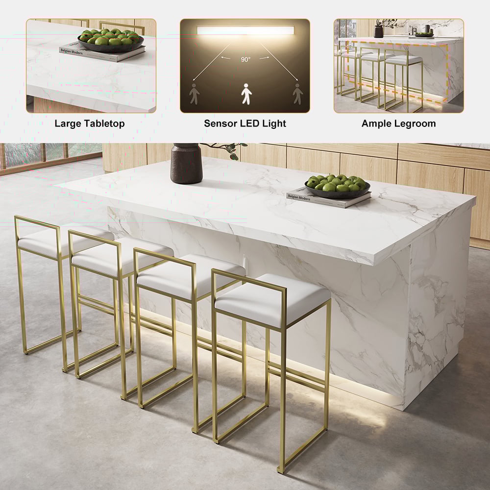 Ilha de cozinha branca estilo Japandi com armazenamento múltiplo e luz LED Imagem da janela