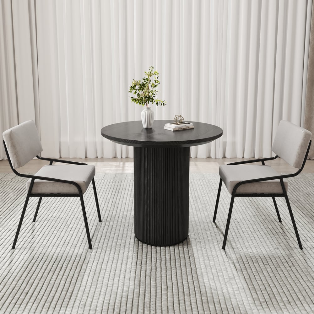 Petite table à manger ronde Japandi et ensemble de 2 chaises de salle à manger rembourrées industrielles en PU blanc image de fenêtre