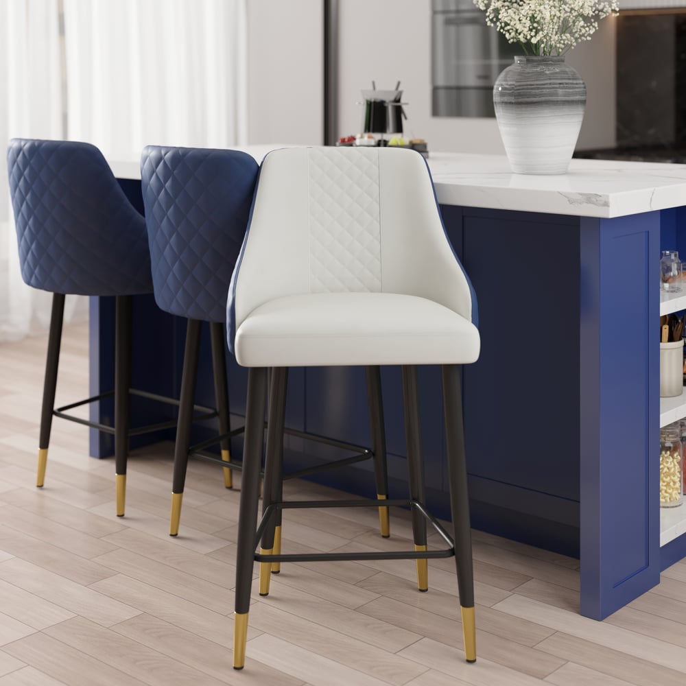 72" Large Blue Kitchen Island & 3 Blue Counter Stools Set Upholstered PU Leather