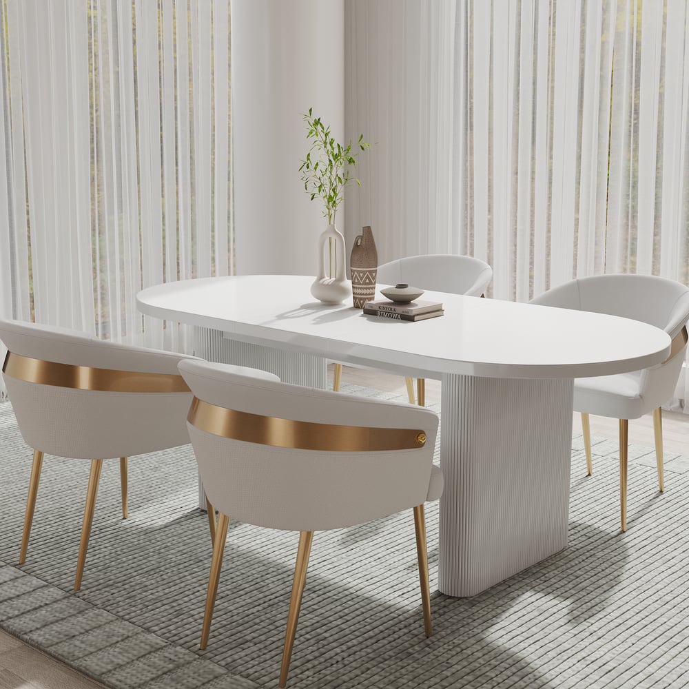 Mesa de jantar branca de 63"-79" e conjunto de 4 cadeiras de jantar Imagem da janela