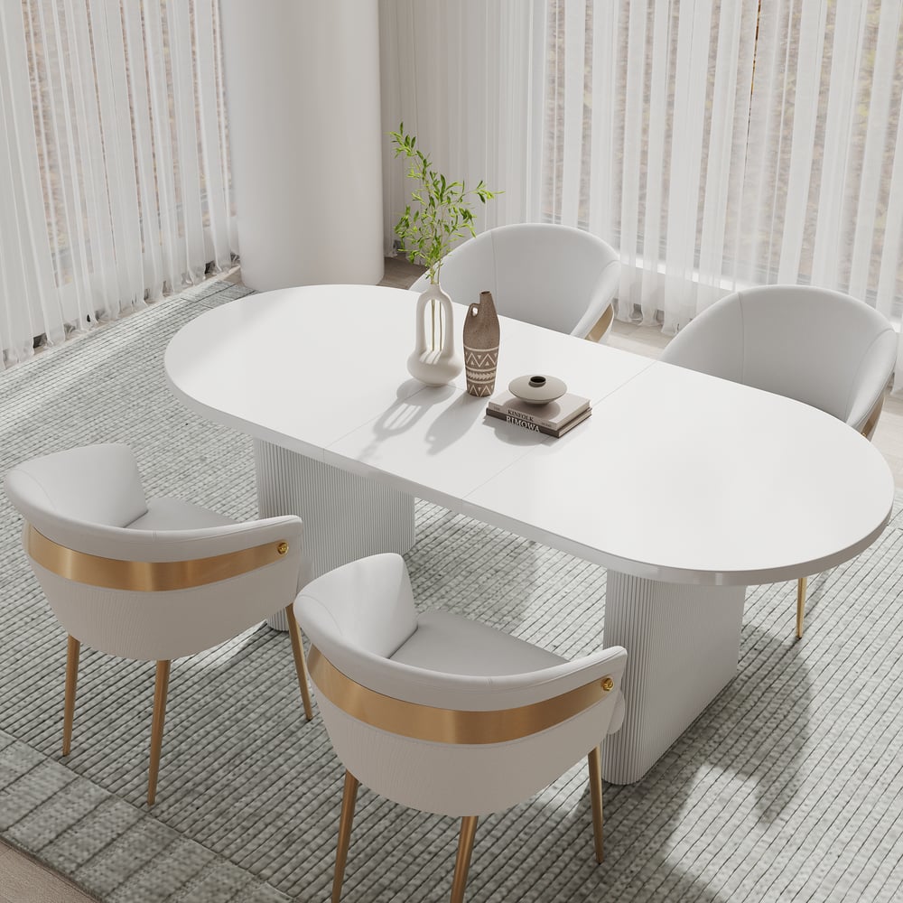 Mesa de jantar branca de 63"-79" e conjunto de 4 cadeiras de jantar Imagem da janela