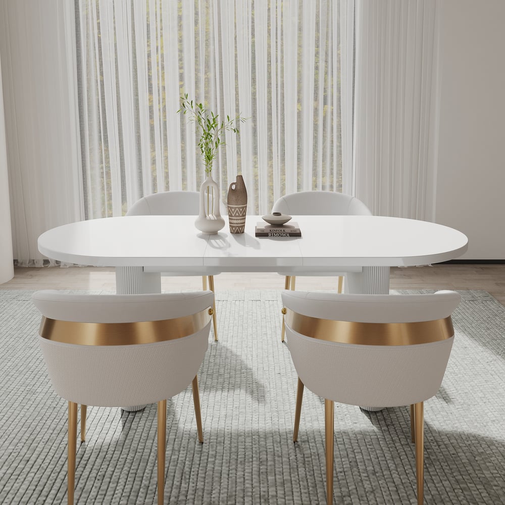 Mesa de jantar branca de 63"-79" e conjunto de 4 cadeiras de jantar Imagem da janela