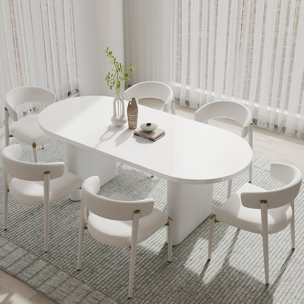 Set de mesa de comedor blanca de 1600 mm a 2000 mm y 6 sillas de comedor Imagen de ventana