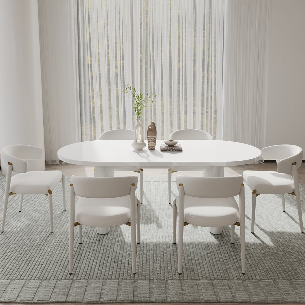 Set de mesa de comedor blanca de 1600 mm a 2000 mm y 6 sillas de comedor Imagen de ventana