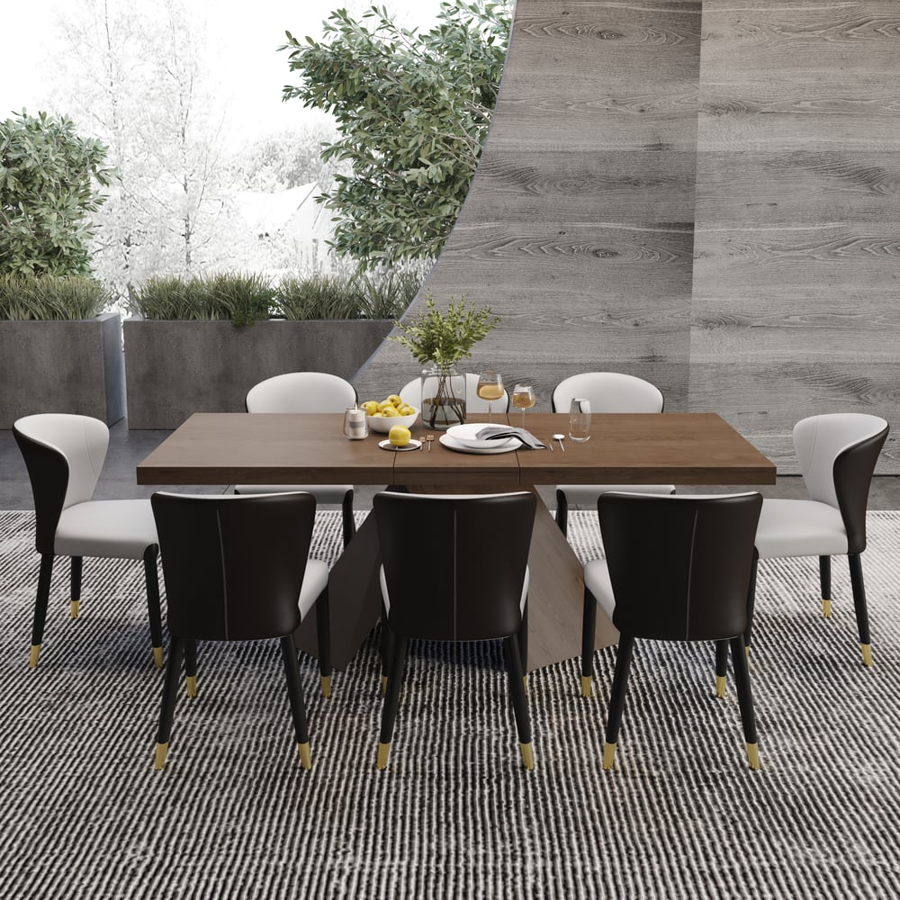 Ensemble table à manger en noyer de 1630 mm à 2030 mm et 8 chaises de salle à manger image de fenêtre