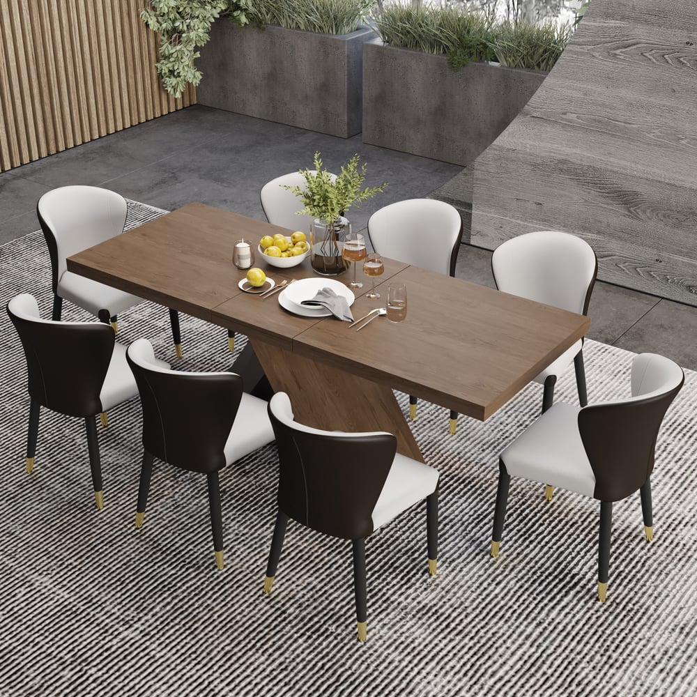Ensemble table à manger en noyer de 1630 mm à 2030 mm et 8 chaises de salle à manger image de fenêtre