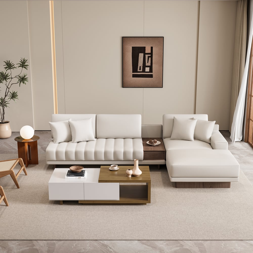 Modulární kožená sekční sedací souprava s ořechovým konferenčním stolkem obrázek okna