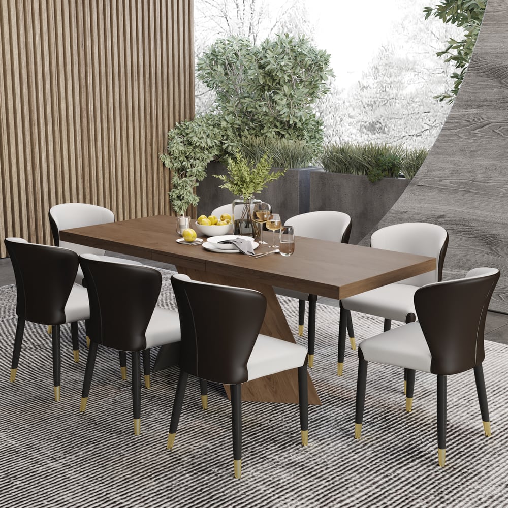 Ensemble table à manger en noyer de 1630 mm à 2030 mm et 8 chaises de salle à manger image de fenêtre