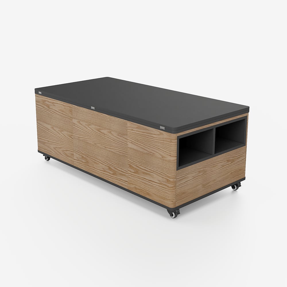 Multifunkční zvedací konferenční stolek se 3 zásuvkami 120x60 cm - ořech a černá obrázek okna