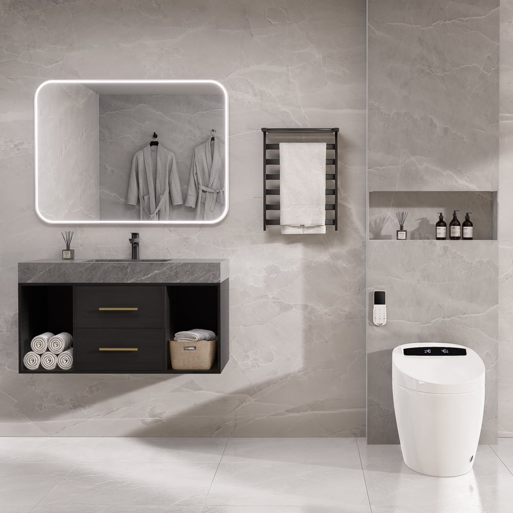 1000mm Floating Bathroom Vanity & Standard Toilet One-Piece Smart Toilet Wall Outlet window image