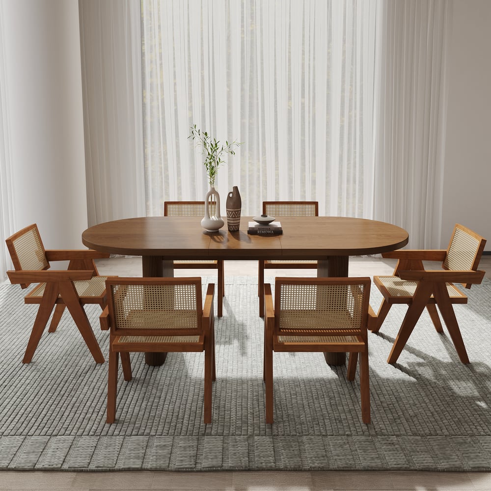 Conjunto de mesa de jantar de nogueira de 63"-79" e 6 cadeiras de jantar Imagem da janela