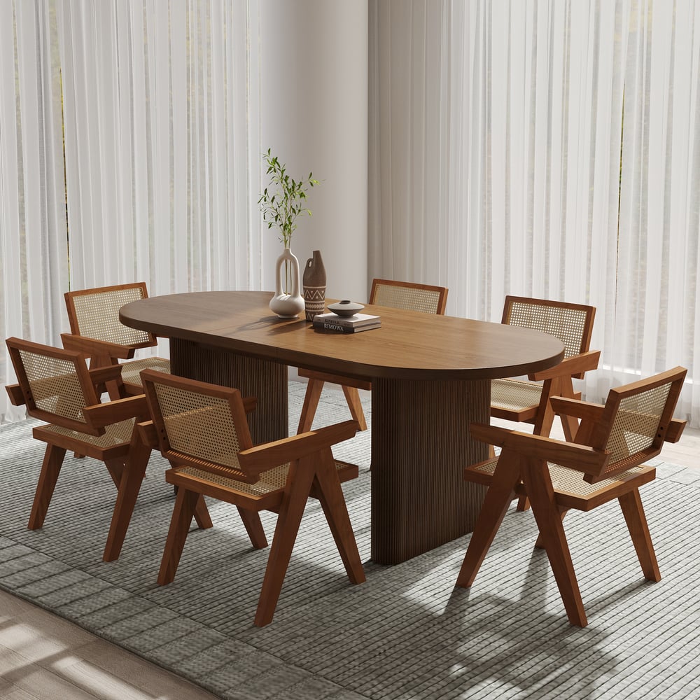 Conjunto de mesa de jantar de nogueira de 63"-79" e 6 cadeiras de jantar Imagem da janela