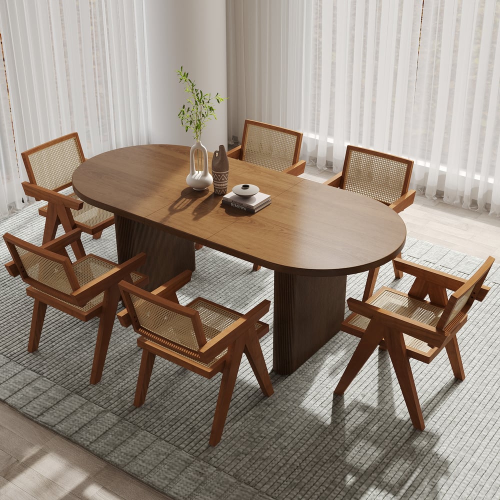 Conjunto de mesa de jantar de nogueira de 63"-79" e 6 cadeiras de jantar Imagem da janela