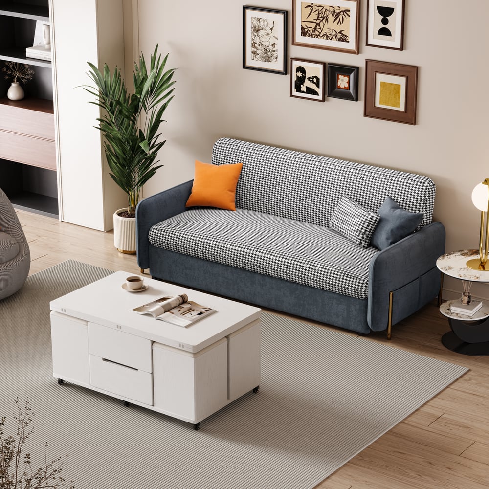Modern White Lift Top Coffee Table & 1360mm Full Sleeper Deep Gray Upholstered Sofa Bed window image