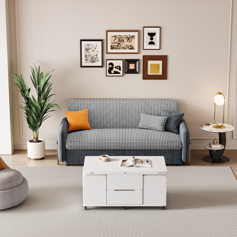 Modern White Lift Top Coffee Table & 1360mm Full Sleeper Deep Gray Upholstered Sofa Bed window image