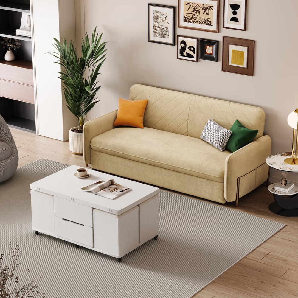Modern White Lift Top Coffee Table & 2000mm King Sleeper Beige Upholstered Sofa Bed Set window image