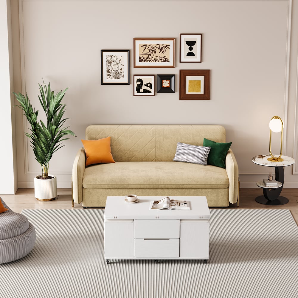 Modern White Lift Top Coffee Table & 2000mm King Sleeper Beige Upholstered Sofa Bed Set window image